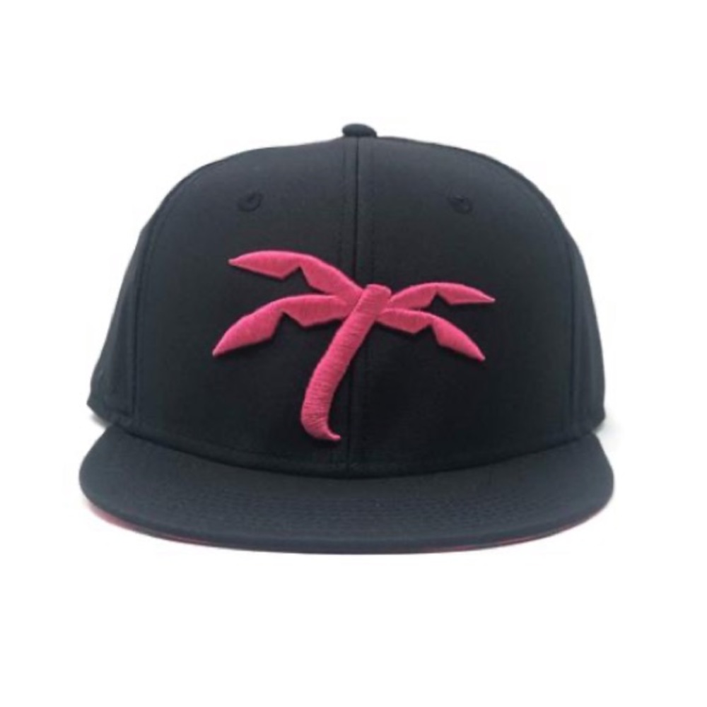 TRAPICAL Embroidered Pink Palm Black Snapback Hat